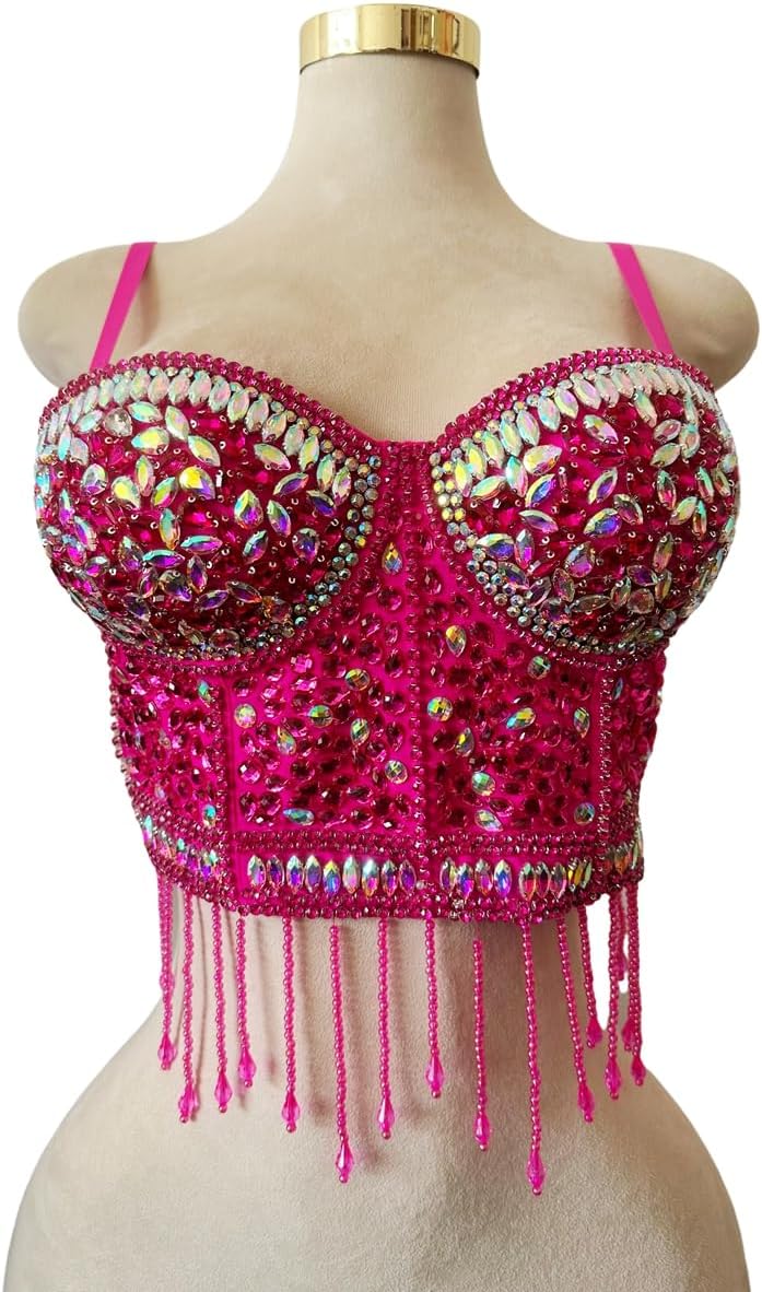 Women's Sexy Rhinestone Bead Bustier Crop Top Club Party Glitter Corset Top Bra Pearl Tassel Decoration