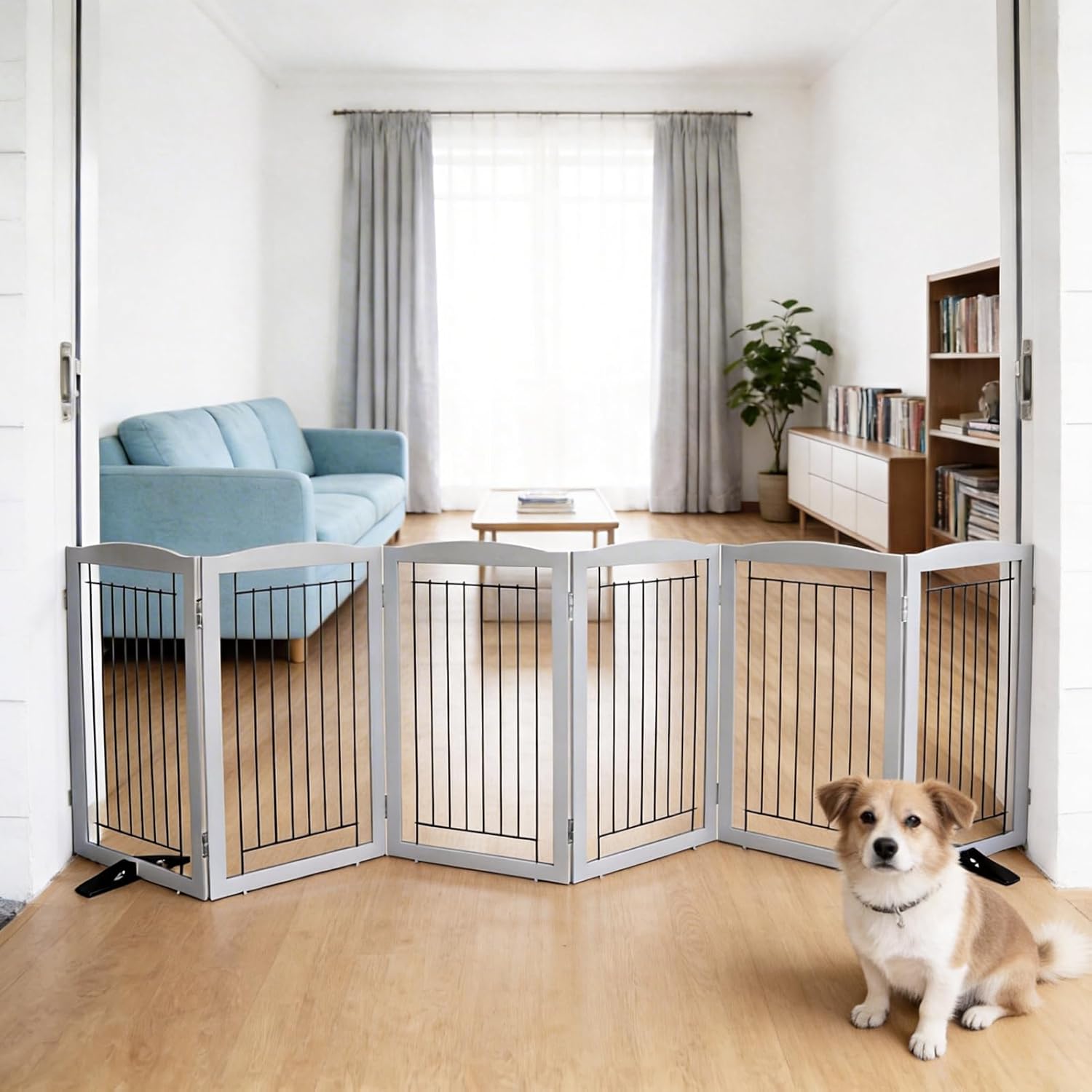 ZJSF Freestanding Dog Fence Indoor, Foldable Dog Gate for Doorways, Stairs or Hallways, Sturdy Wood Extra Wide Pet Gate with Support Feet for The House, Grey, 32 "Height-6 Panels