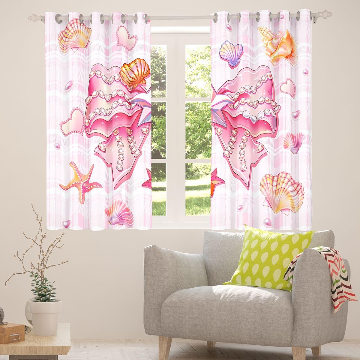 Homemissing Tende oscuranti con fiocco rosa per camera da letto e soggiorno, tende oscuranti con stelle marine e spiaggia, 2 pannelli (larghezza x lunghezza) 167,6 x 228,6 cm (larghezza x lunghezza