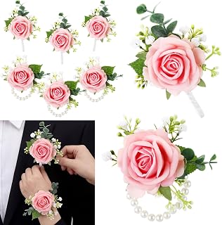 Canlierr 6 Pcs Rose Corsage Boutonniere Set Wrist Corsage Bracelets, Pink