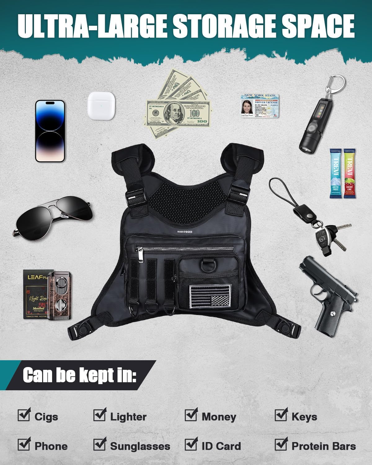 Outdoor Chest Bag for Men, Adjustable Tactical Chest Pack with Gear Holder,Lightweight Anti-theft EDC Rig for Hiking,Running,Motorcycling,Workouts - Image 3