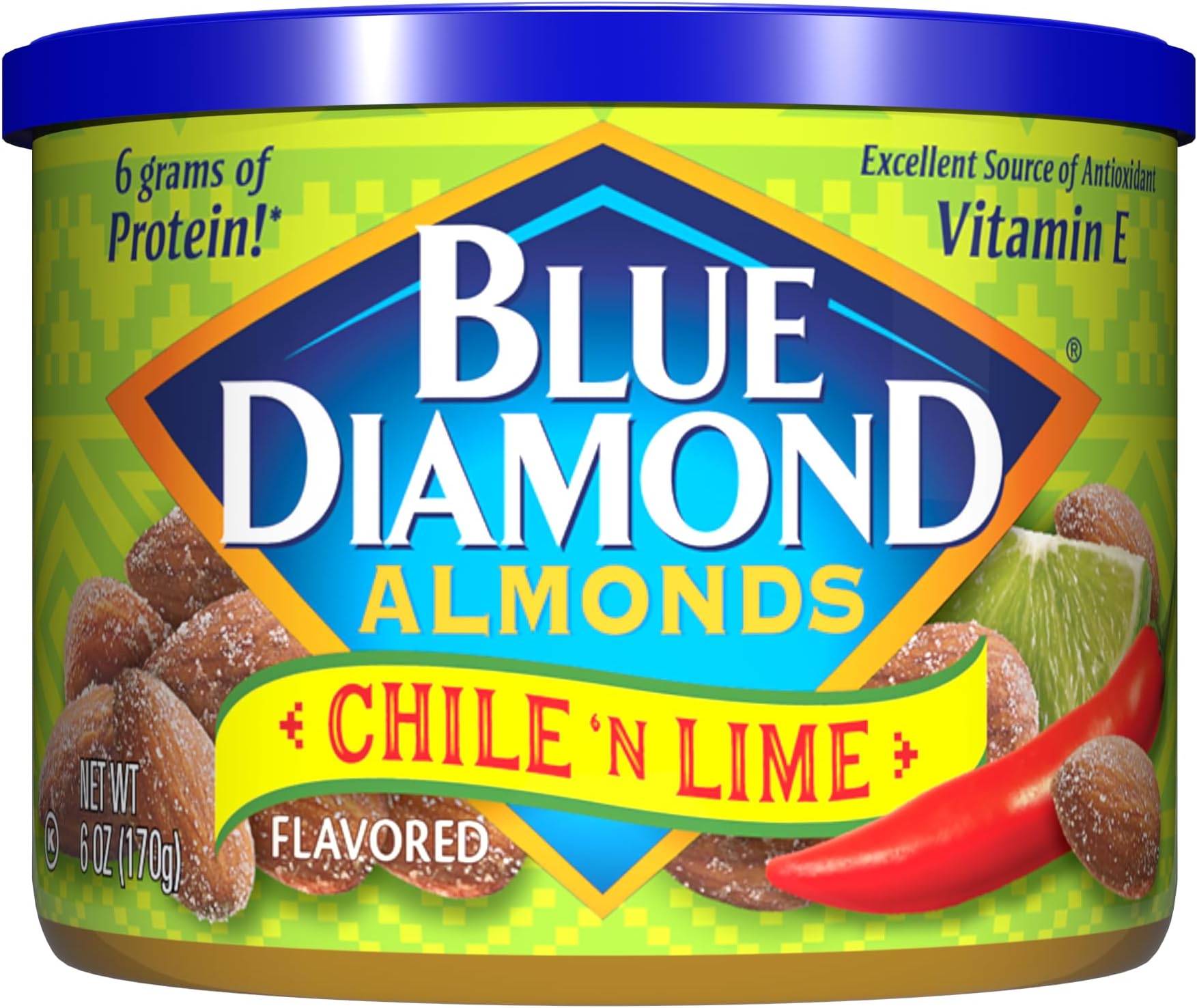 Blue Diamond Almond Chile n' Lime Flavored Tangy Snack Nuts, Non-GMO, Kosher, No Gluten Ingredients or Artificial Flavors, Great Size for On-The-Go, Lunch, Kids and Adults, 6 oz. Can