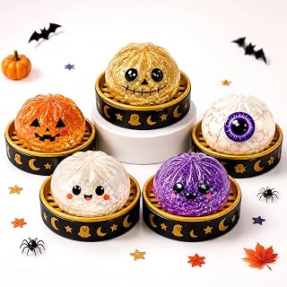 5Pcs Halloween Spooky Glitter Dumpling Squishie-s Toys， | Halloween Dumpling Squeeze Toy with Steamer, Pumpkin Eyeball Ghost Skull Fidget Toy for Relieve Stress, Holiday Party Favors
