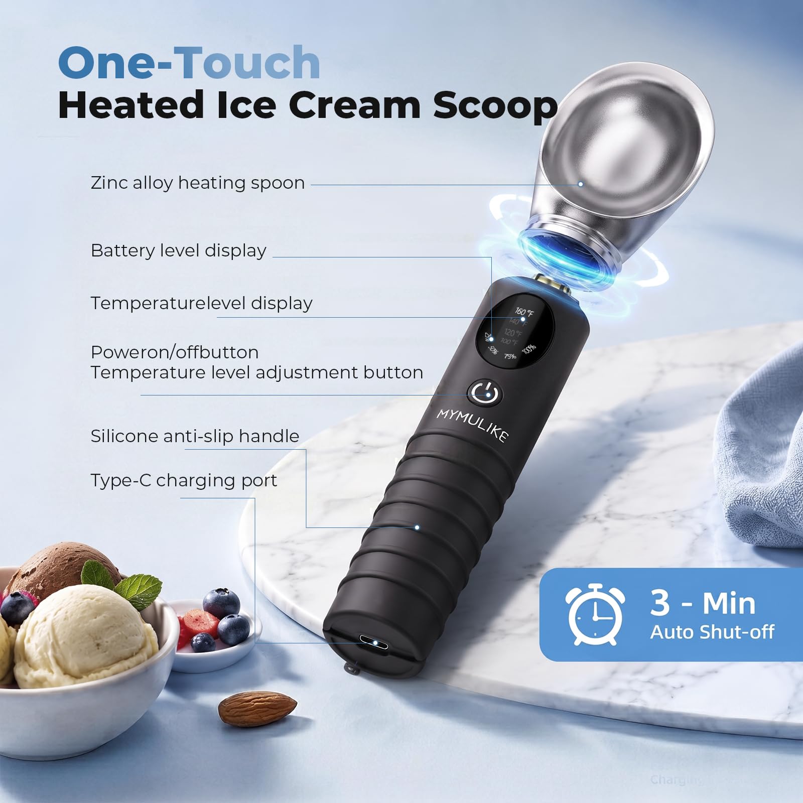 MYMULIKE Cuchara de helado calentable de acero inoxidable, 4 temperaturas (40-70 ℃), cuchara de hielo ajustable, 30 S, calentamiento rápido, cuchara de hielo recargable, apagado automático de 3