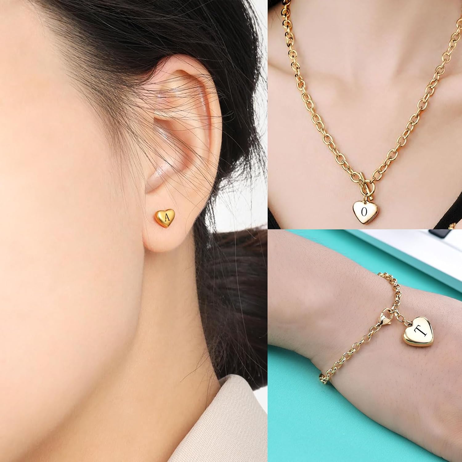 Women's 3 Pieces Heart Name Initial Necklace, Bracelet, Earrings, Jewelry Set Stainless Steel A-Z letters Jewelry Suits image 4