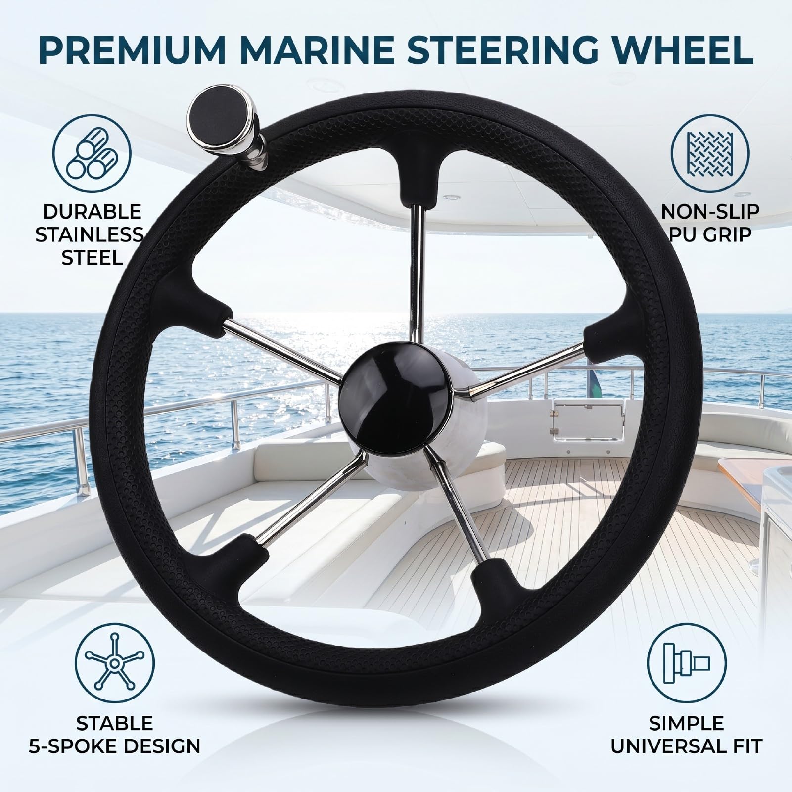 Volante Marino da 13,5 Pollici, Volante per Barca in Acciaio Inossidabile, per Yacht con Impugnatura Antiscivolo, Design a 5 Razze con Fori di Montaggio Standard per