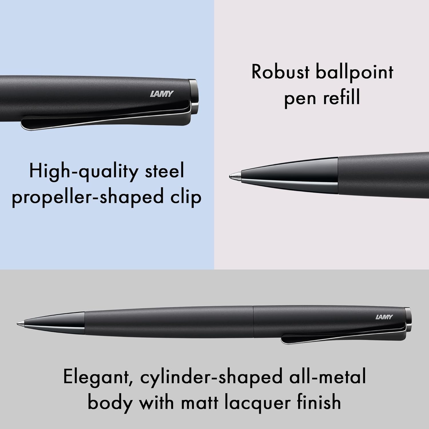 Lamy studio lx-all-black - ballpoint pen in elegant stainless steel casing - with propeller-shaped clip - incl. giant refill M 16 in line width M in black