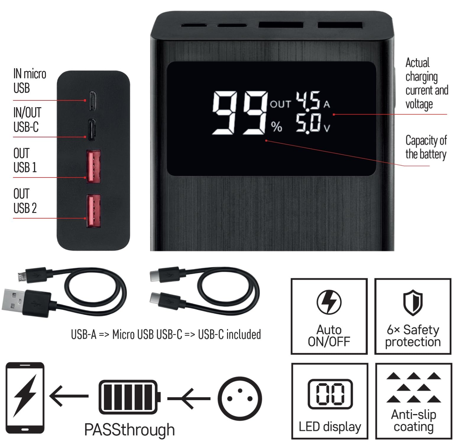 EMOS - Power Bank 20.000 mAh, ricarica rapida da 22,5 W, con display e pass-through, 3 uscite, per smartphone, tablet e dispositivi mobili, cavo USB-C incluso - Nero