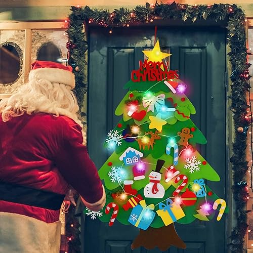 Miniatura 7 de EMPOF Árbol de Navidad de fieltro para pared de niños, árbol de Navidad de fieltro para niños pequeños con coloridas luces de copo de nieve + 32