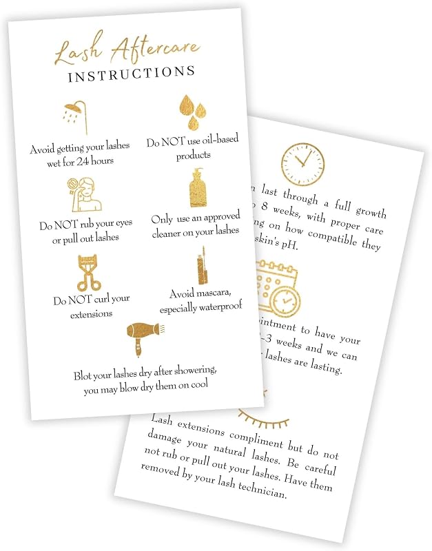 Cartões impressos de instruções para extensões de cílios Boutique Marketing LLC, design branco com ícones dourados, Pacote com 50
