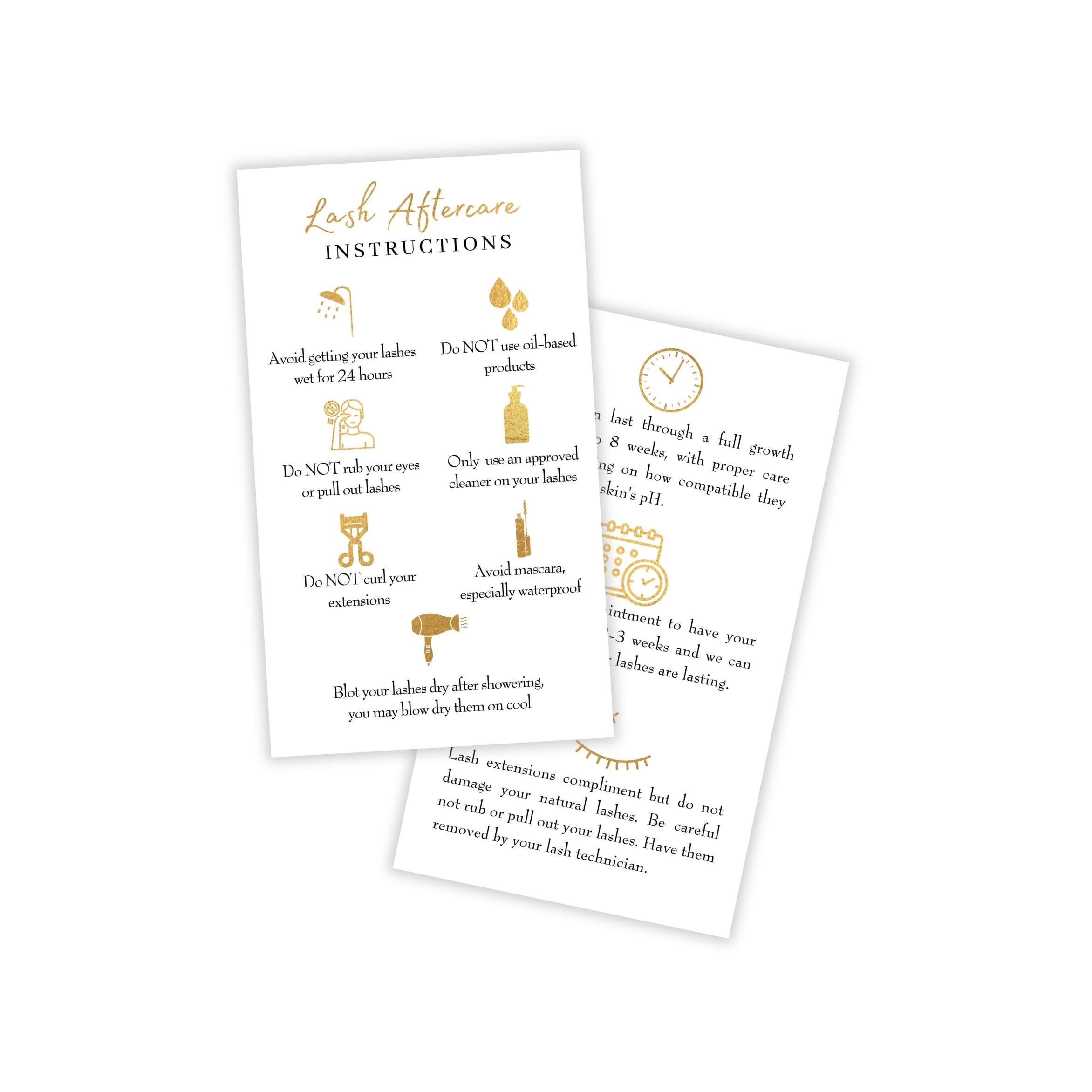 Lash Extension Aftercare Instructions Cards | 50 Pack | Size 3.5x2" inches After Care (2-3 Week Fillers) | White with Gold Icons Design