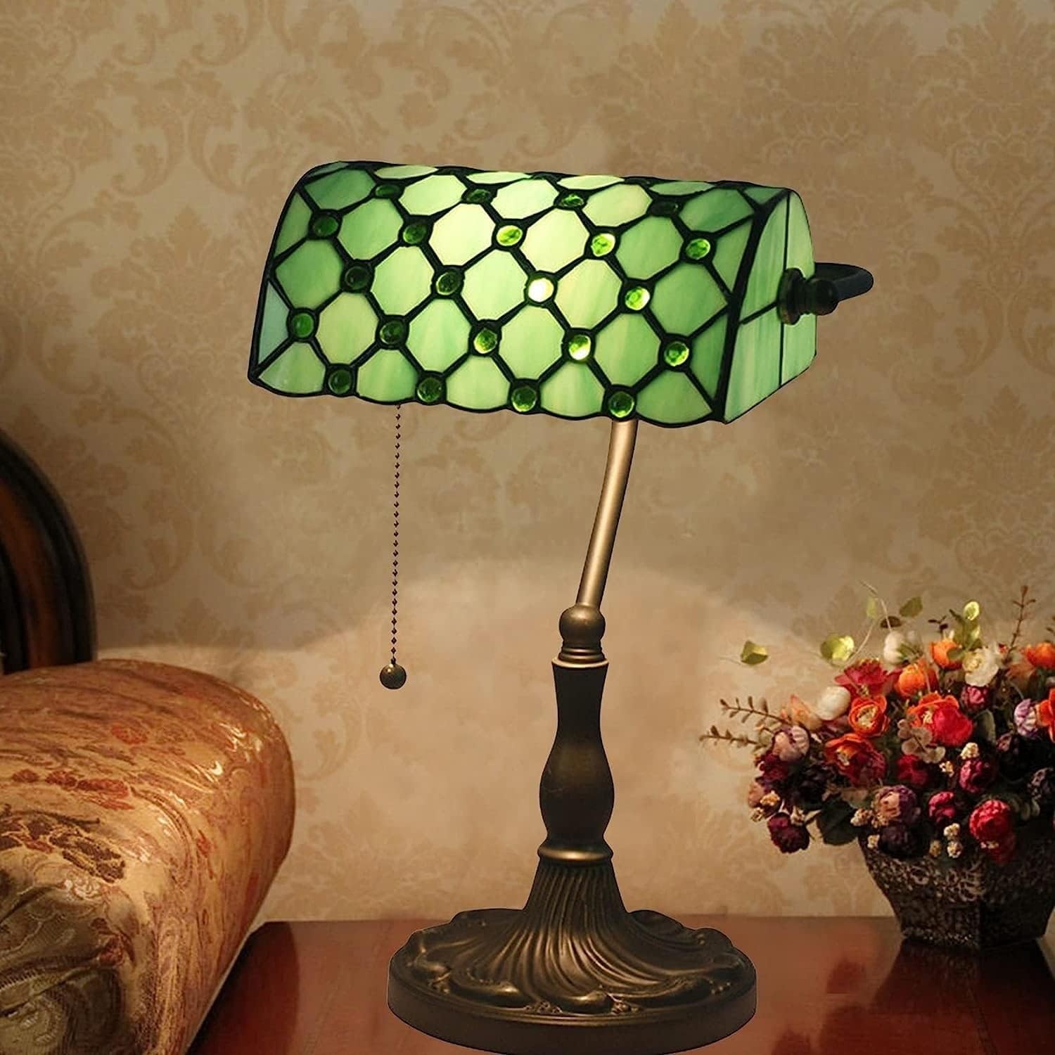 Bankier's Tischlampe, farbige Glaslampe, Kristallperlenschreibtischlampe, Schlafzimmer in der Nacht Leselampe (Emerald Green Glass Perlen Schatten) Innovate