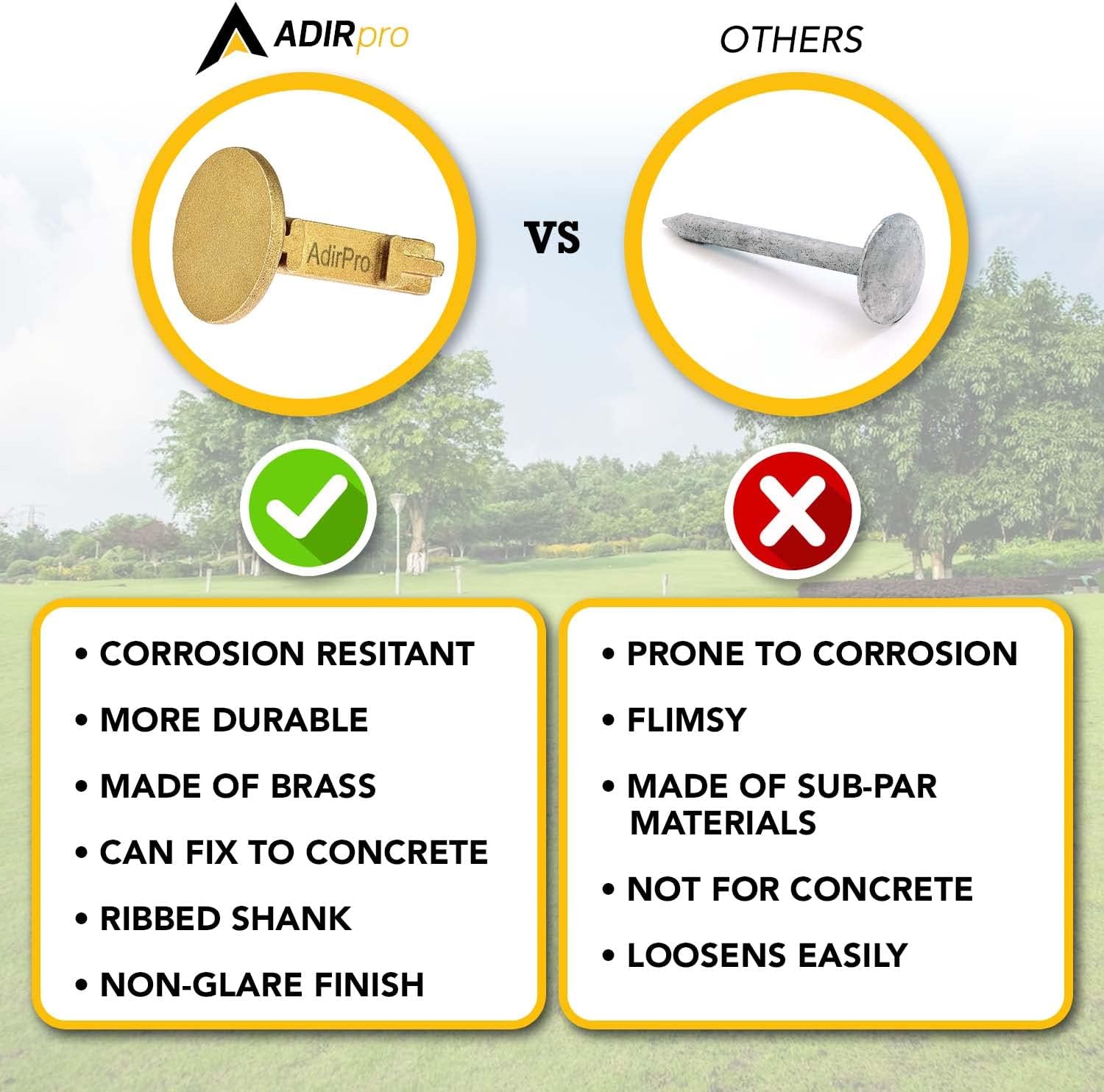 AdirPro Survey Markers – Durable Solid Brass & Low Profile Permanent Boundary Marking Caps/Stakes – for Surveying & Measuring Property & Land Area (1-3/8 Inch, Flat)
