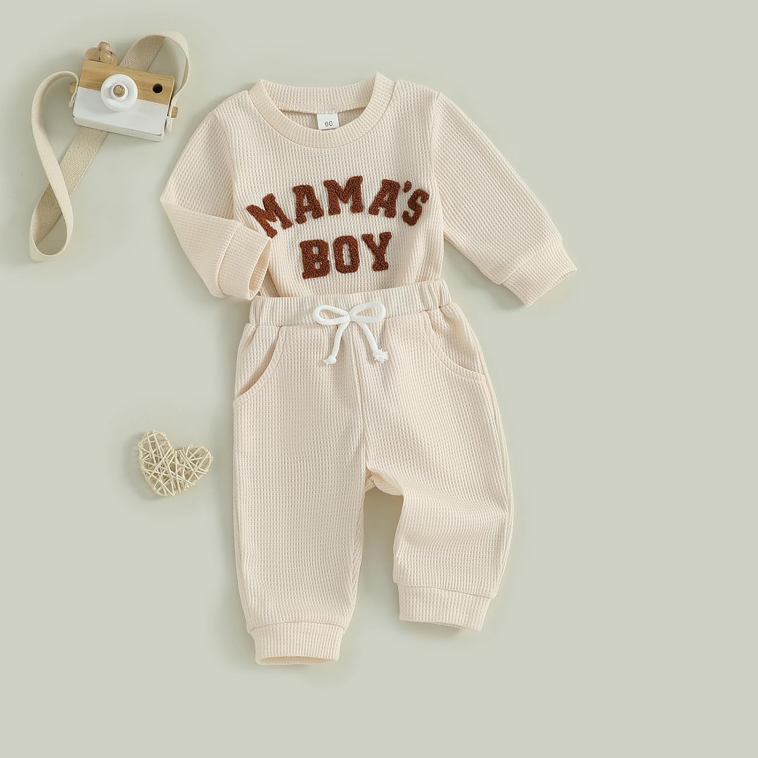 Douhoow Baby Boys Valentine's Day Outfit Sets Long Sleeve Crew Neck Letter Embroidery Romper Drawstring Pants Sets - Image 3