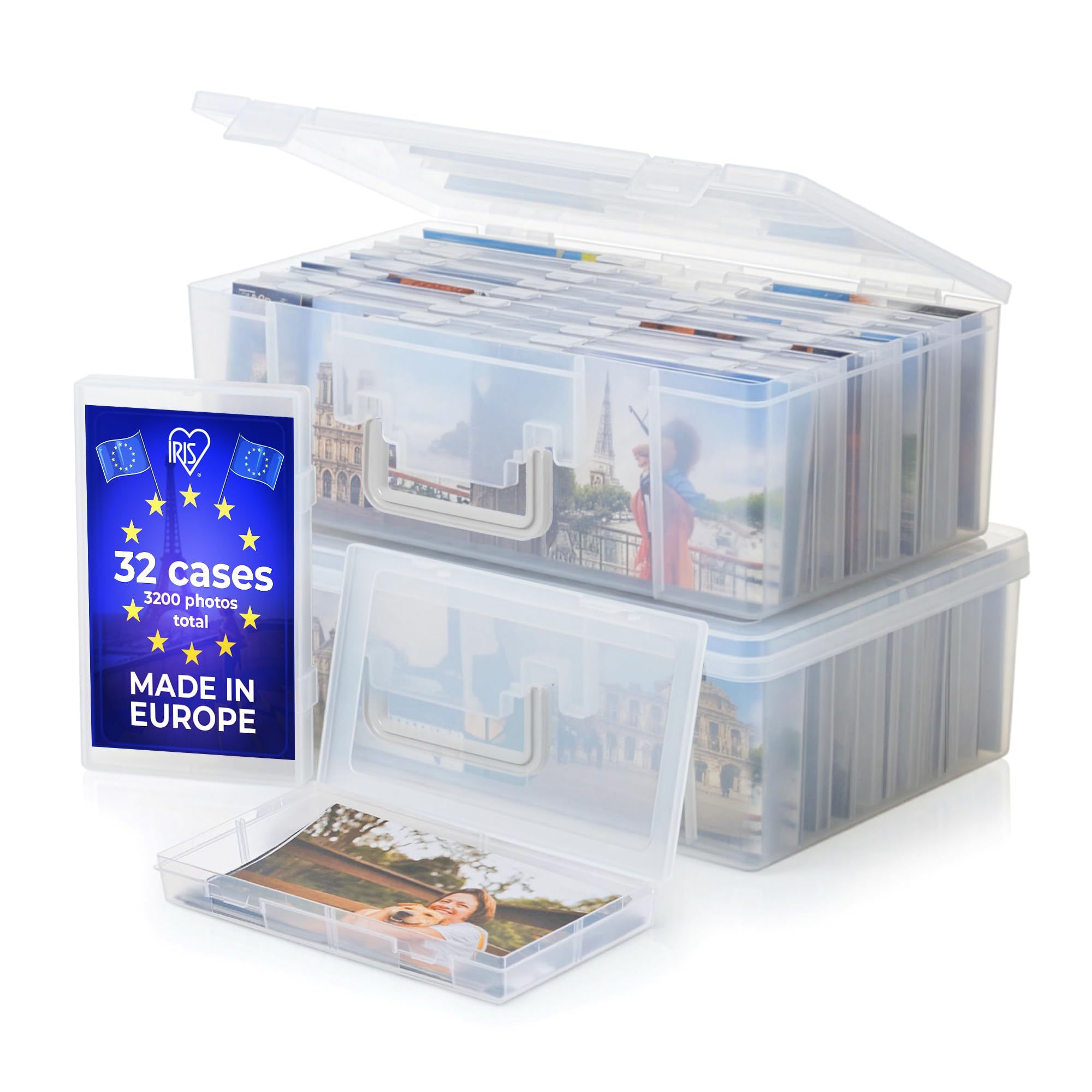 Iris Ohyama, Caja de almacenamiento de fotos con 16 cajas interiores, 2, capacidad 3200 fotos, apilable con asa y cierre seguro, sin BPA, KP-XLPHO16