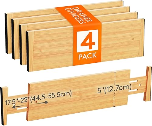 Miniatura 21 de Lifewit Paquete de 4 separadores de cajones de bambú de 4 pulgadas de alto, organizadores de cajones ajustables de 12 a 16 pulgadas para ropa,