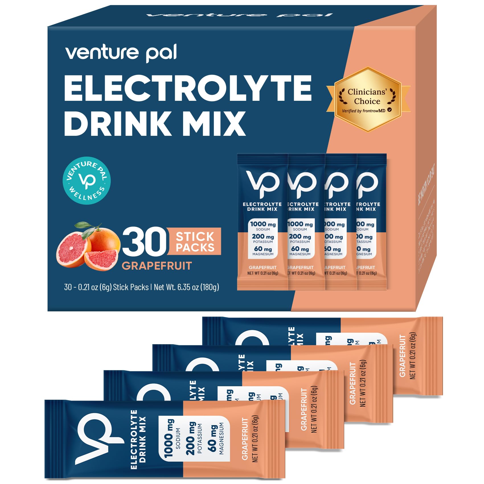 Venture Pal High Sodium Sugar Free Electrolytes Powder Packet - Hydration Packets with Vitamin, Sodium & Potassium | Zero Calories | Vegan, Keto & Paleo Friendly Electrolyte Drink Mix - 30 Sticks
