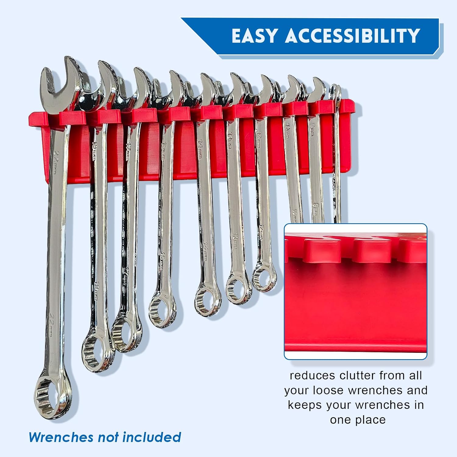Magnetic Wrench Organizer, Tools Wall Mount Wrench Holder for 10 SAE and Metric Wrenches (Red, 1PC)