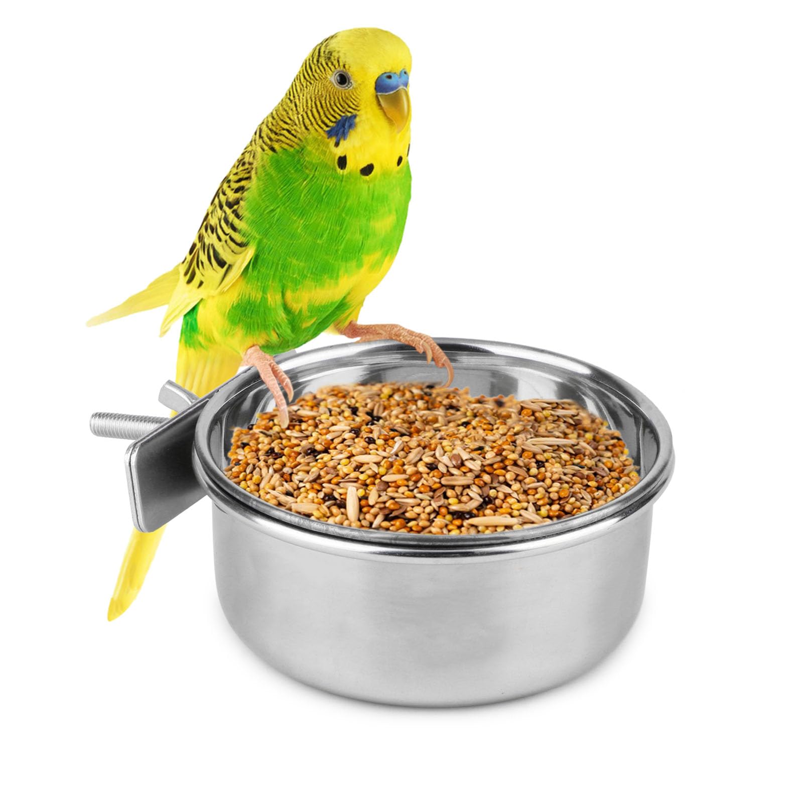 Hypeety Pet Bird Food Feeding and Drinking Hanging Cup Clamp Holder Stainless Steel Hanging Bowl for Parrot Macaw African Greys Budgies Parakeet Cockatiels Conure Lovebirds Finch Pigeon Cage