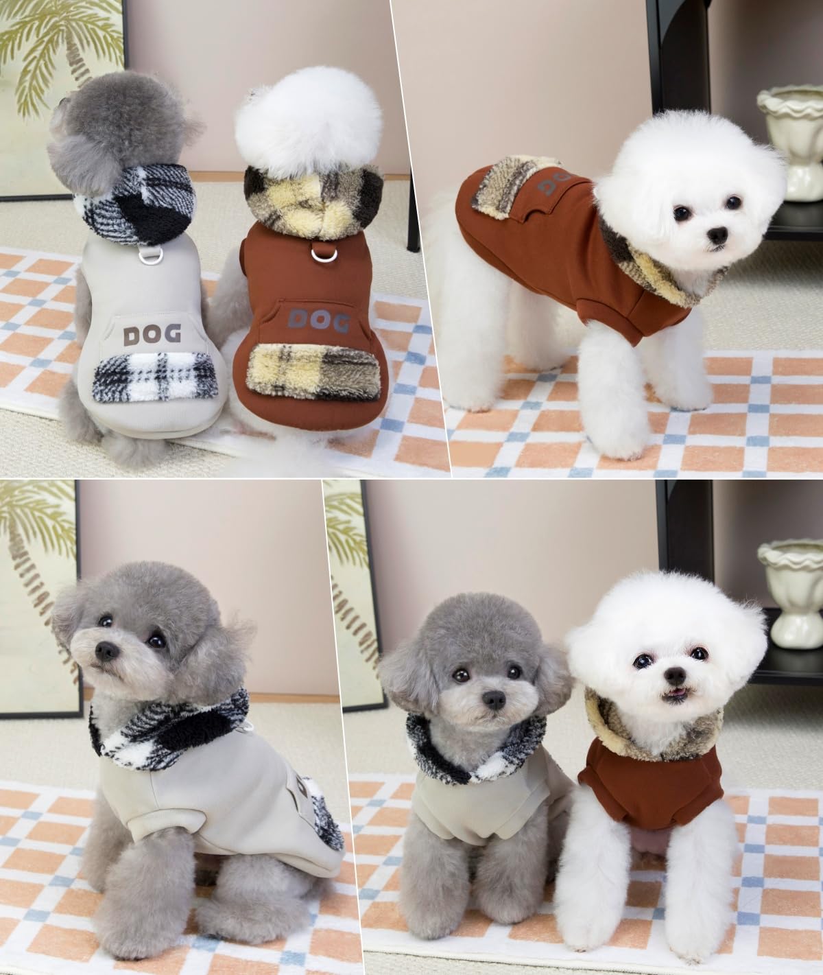 XHYRHTS Maglione in Pile per Cani con Cappuccio Scozzese Fuzzy per Razze Piccole XSmall, Caldo Pullover Senza Maniche con Anello a D e Tasca, Completo Invernale con Cappuccio per Cuccioli Gattini