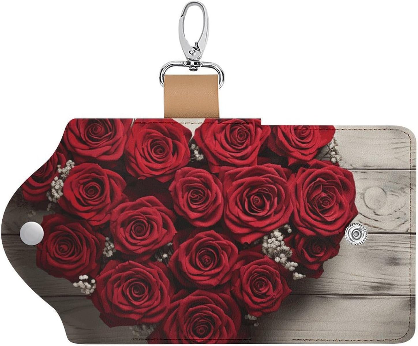 Red Heart-Shaped Roses Key Case Leather Car Key Holder Bag Portable Small Coin Purse Unisex Pouch Keychain