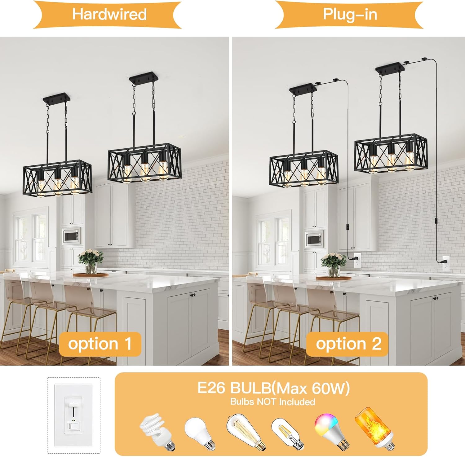 Black Plug in Pendant Light，3-Light Dining Room Light Fixture Over Table,Plug in Ceiling Light for Kitchen Sink，Industrial Metal Kitchen Pendant Lighting Over Island.
