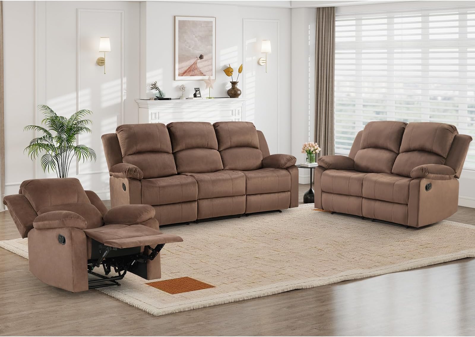 3-Piece Manual Reclining Sofa Set for Living Room,Include Single Recliner Chair, Loveseat and 3-Seater Couch with Overstuffed Backrest,Modern Recliner Sofa Furniture Set for Home, Brown