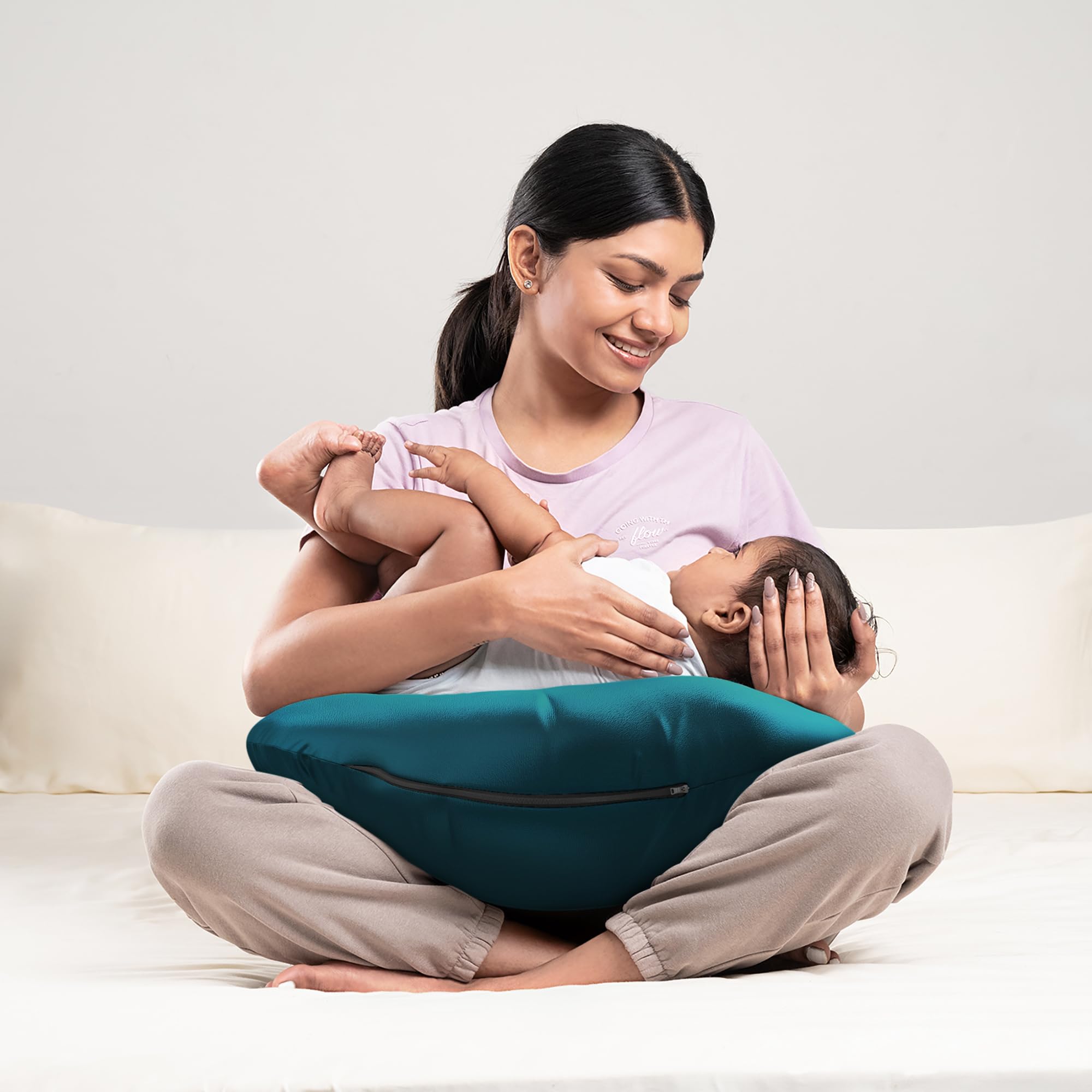 Wakefit Nursing Pillow for Breastfeeding & Baby Care | 5 in 1 Feeding Pillow with Removable Cover | Super Soft & Machine Washable Velvet Cover | Peacock Green