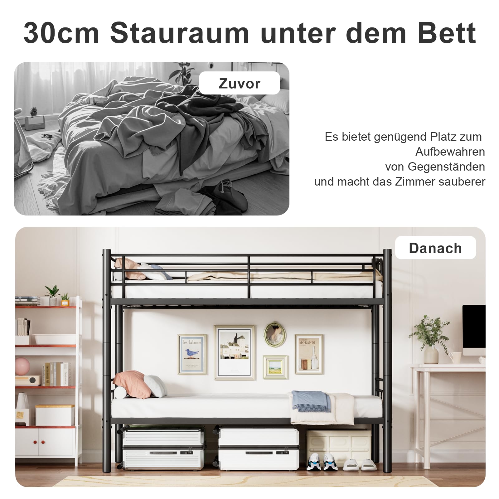 Letto a castello 90 x 200 cm, letto a castello in metallo può essere diviso in due letti singoli, letto a castello con scala e protezione dalle cadute per ragazzi e adulti, nero