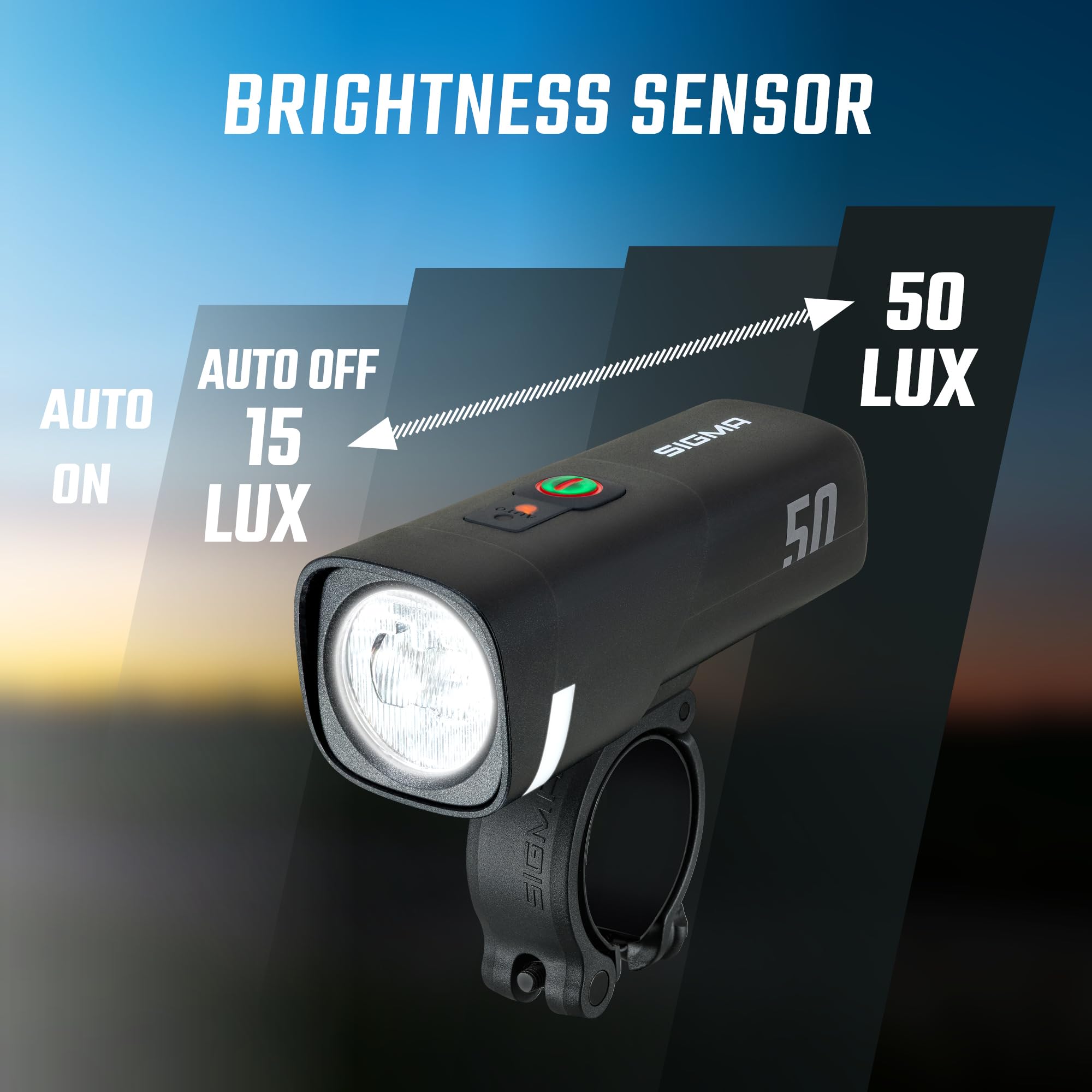 SIGMA Aura 50 | Éclairage LED pour vélo de 50 LUX | 2 modes d'éclairage et réglage automatique de la luminosité | batterie longue durée | USB-C