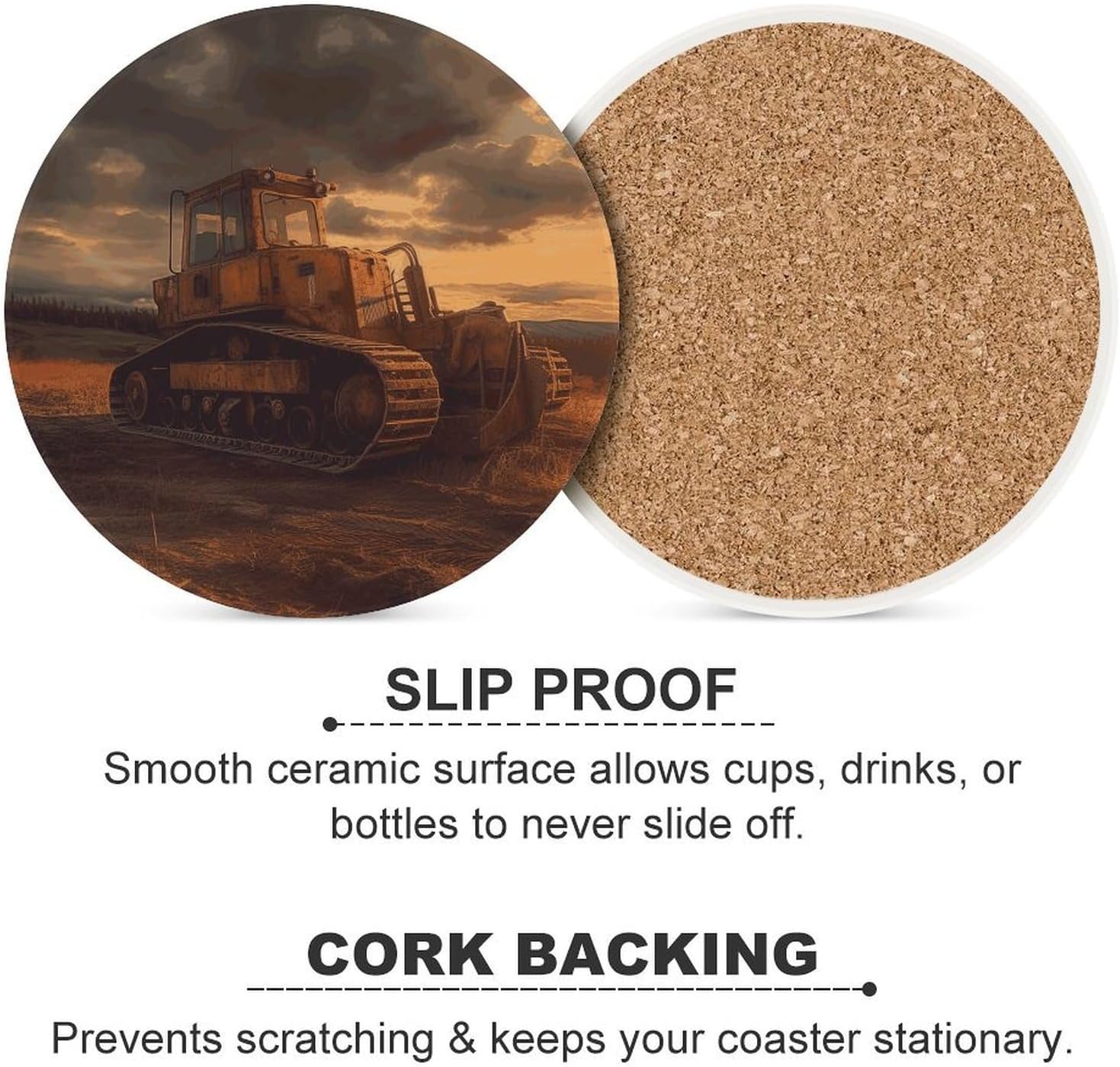 6PCS Bulldozer Evening Coasters Non-Slip Round Drink Coasters with Ceramic Stone and Cork Base, Heat Resistant Absorbent 33.00Stone Coaster Set for Kinds of Mugs and Cups, 4 Inch