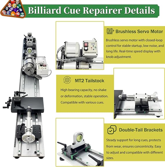 Professional Pool Cue Lathe Machine Billiard Cue Repair Lathe Machine Multi-Functional Snooker Cue Tip Repair Kit for Pool Stick 200-6500RPM Double Track Chuck 550W 110V