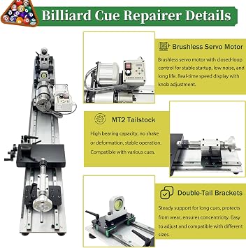 Professional Pool Cue Lathe Machine Billiard Cue Repair Lathe Machine Multi-Functional Snooker Cue Tip Repair Kit for Pool Stick 200-6500RPM Double Track Chuck 550W 110V