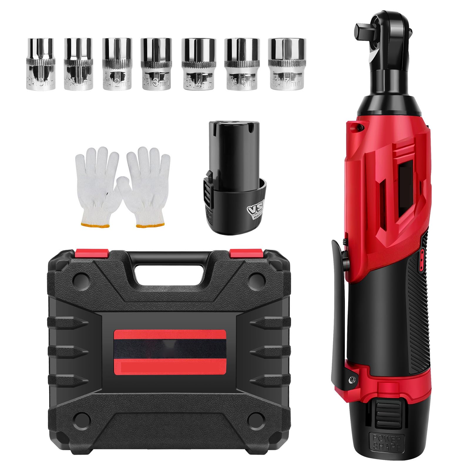 Bowoshen3/8 Inch Cordless Ratchet Wrench with 2x 1.5Ah Batteries, 7x Impact sockets, 30ft-lbs, Built-in LED Light, Forward/Reverse Switch, 230RPM, Lightweight Electric Ratchet Wrench (Orange)