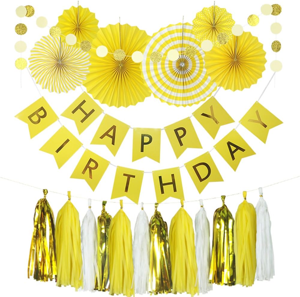 Monkey Home 20pcs of Tissue Paper Fans,Yellow Happy Birthday Banner Party Decorations Circle Dots,Paper Garland Tissue Paper Tassel for First Birthday Baby Shower Supplies (Yellow Theme)