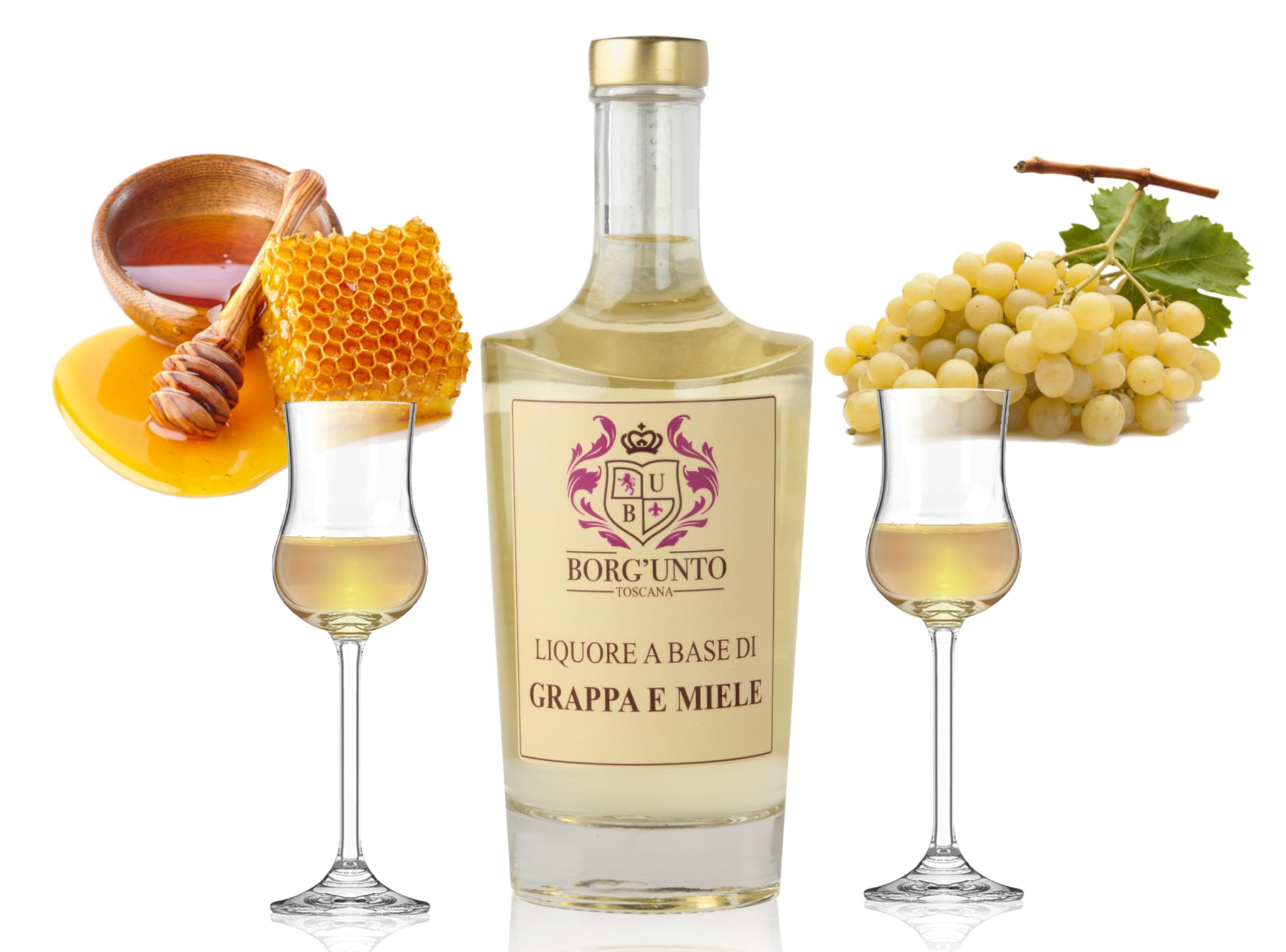 Borgunto® Liquore al Miele su Base Grappa 50cl - Digestivo Artigianale di Grappa Chianti Classico e Miele Millefiori Toscano (6pz)