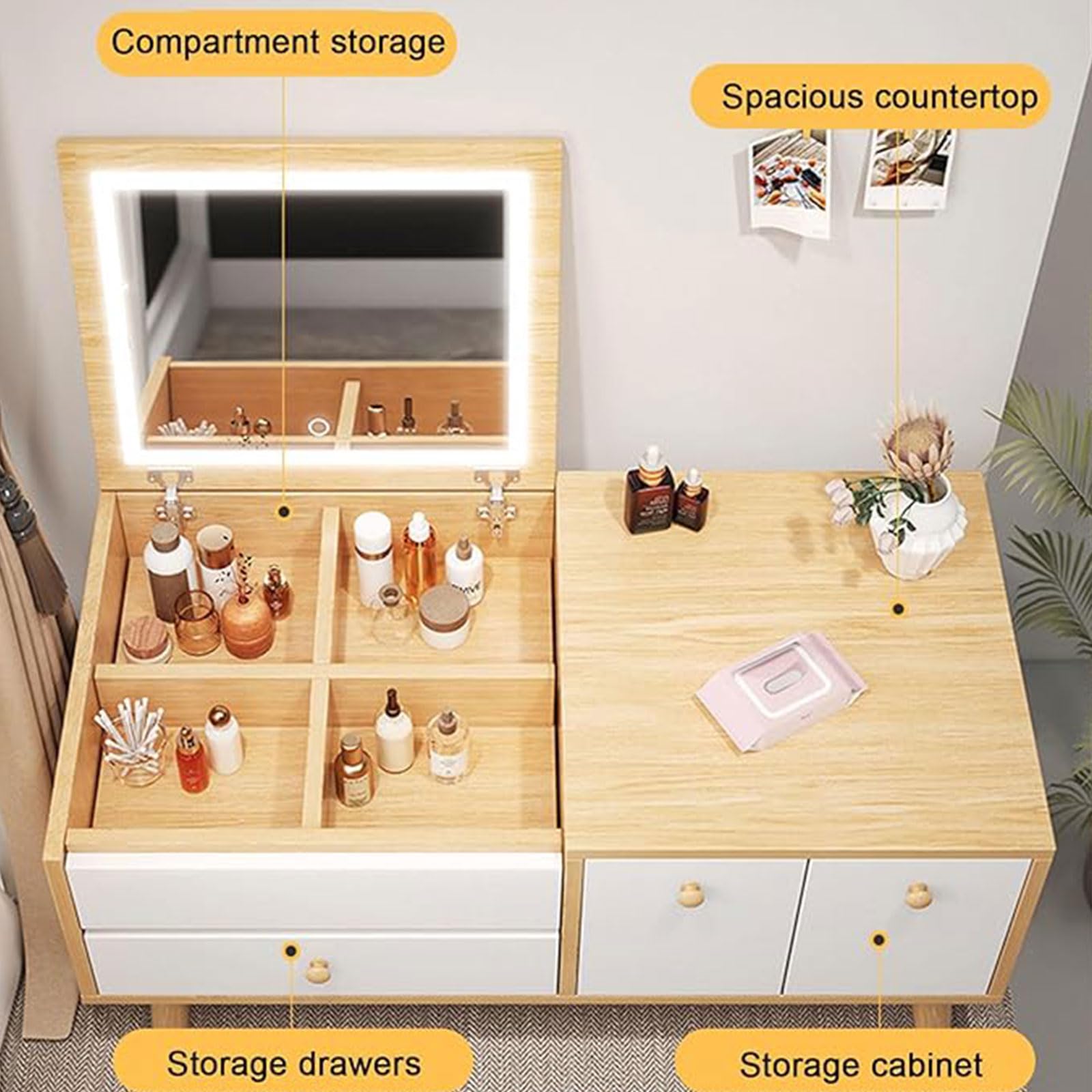 Podświetlana toaletka LED z lustrem typu flip top, mała toaletka do makijażu, z szufladami i szafką, drewniane meble do sypialni, na okno wykuszowe, kompaktowa, 80 x 40 x 38 cm