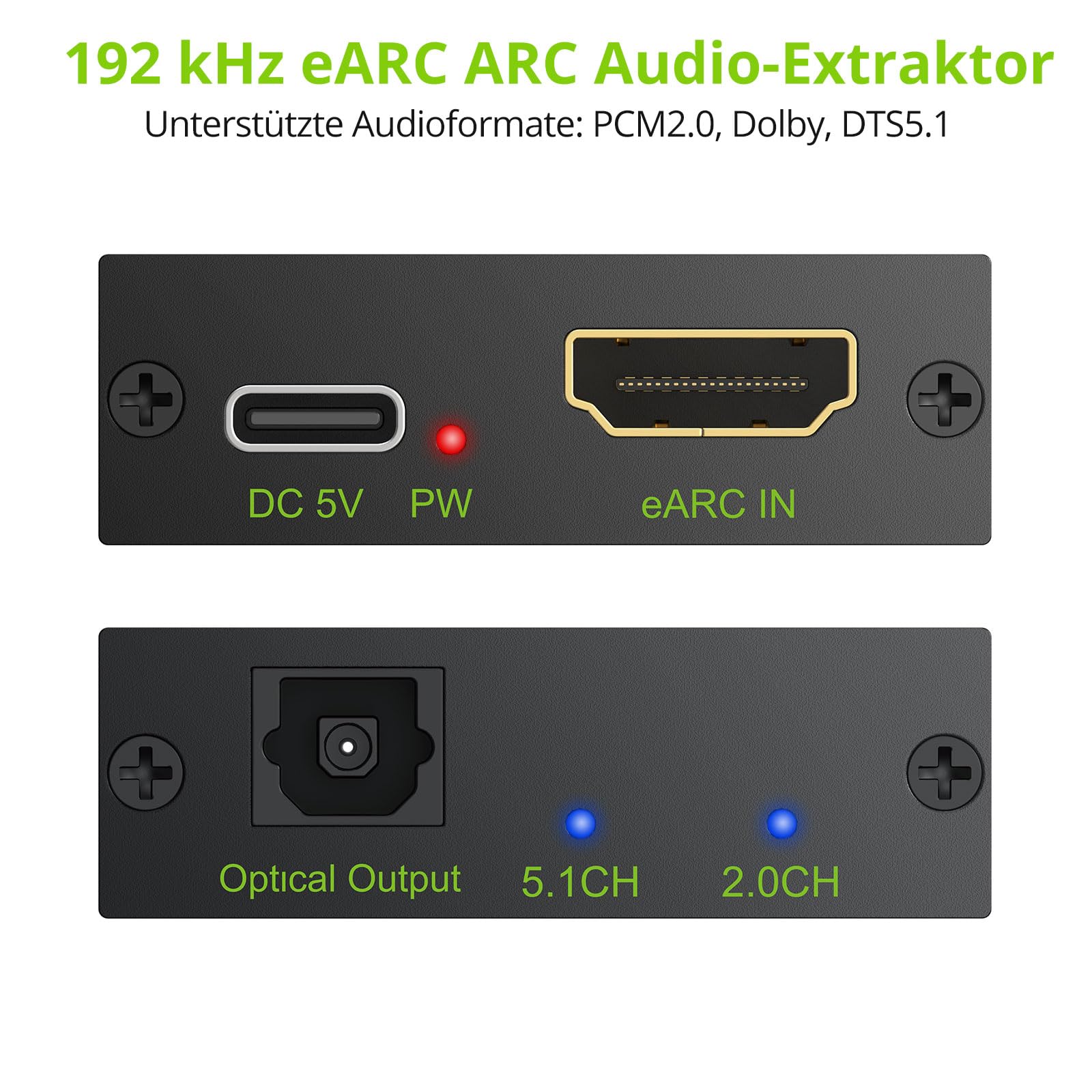 LiNKFOR eARC ARC Audio Extractor 24Bit 192kHz HDMI ARC auf Optisch Audio Adapter HDMI Audio Extractor mit 5.1 und 2.0 Kanal Audiosignalanzeigen für HDTV zu Soundbar, drahtlose Kopfhörer, Heimkino