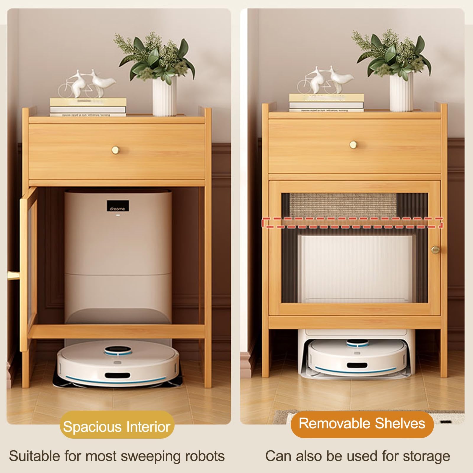 Armoire De Rangement pour Balayeuse, Meuble De Rangement Caché pour Aspirateur Robot, Petit Rangement, Table D'Appoint en Bois, pour Maison Ou Bureau(Black)