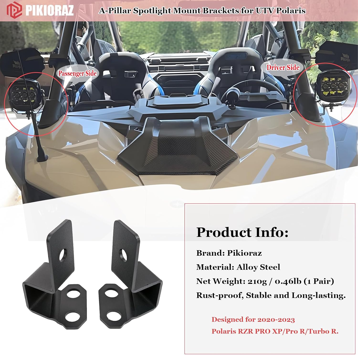2Pcs A-Pillar LED Spotlight Mounting Bracket for 2020-2024 Polaris RZR PRO R (Install 1 Spotlight)