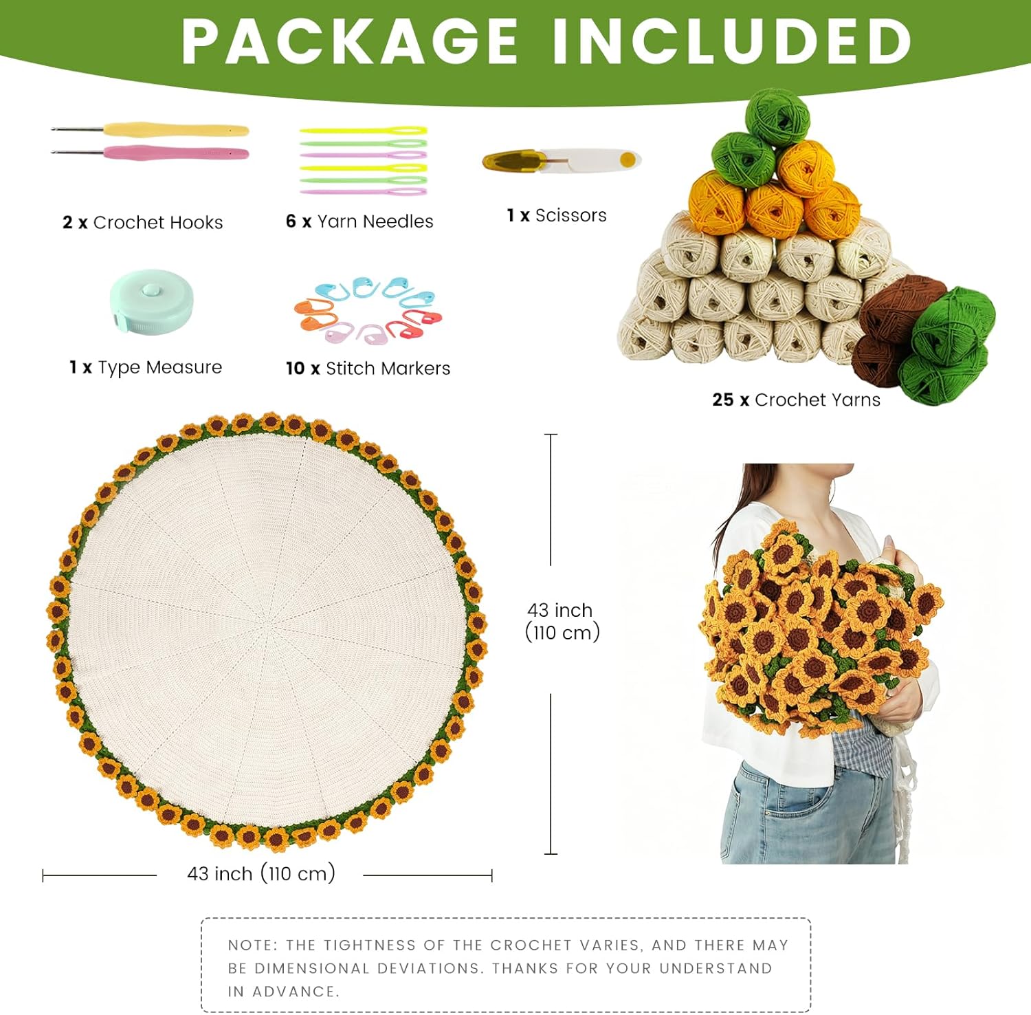 Haorino Sunflower Crochet Blanket Kit for Beginners, DIY Crochet Kit with Soft Yarn & Video Tutorials