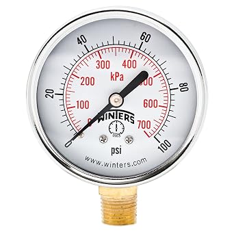 Winters 2-1/2 inch Dial Size, Multi Function Economy Utility Dry Pressure Gauge, Brass Internals, Black Steel Case, Dual Scale 0-60 psi/kPa, 3-2-3% Accuracy, 1/4 inch NPT Bottom Mount, Pressure Gauge