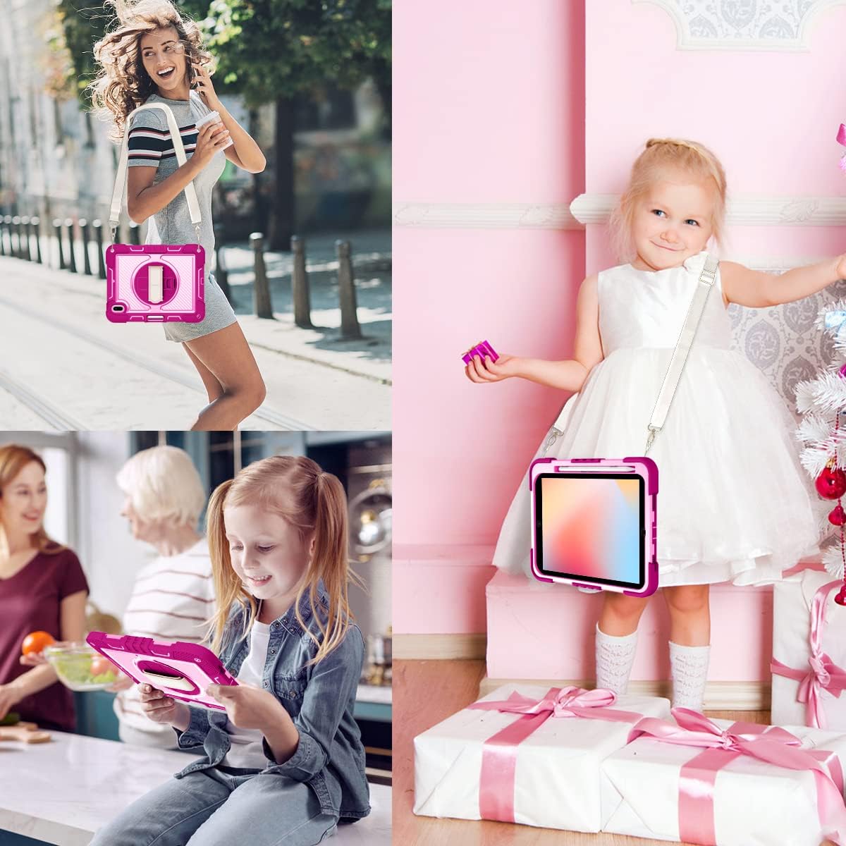 for iPad (A16) 11th Generation 11" 2025 & iPad 10th Generation Case 10.9 inch 2022, 360° Rotating Stand Cover with Pencil Holder/Hand Strap/Shoulder Strap Shockproof Cover, Rose Red + Pink