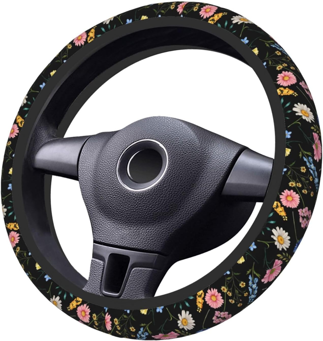Wildflower Steering Wheel Cover for Women, Universal Auto Steering Wheel 14-15 Inch Car Interior Accessories with 2PCS Car Coasters, Suitable for Men and Women