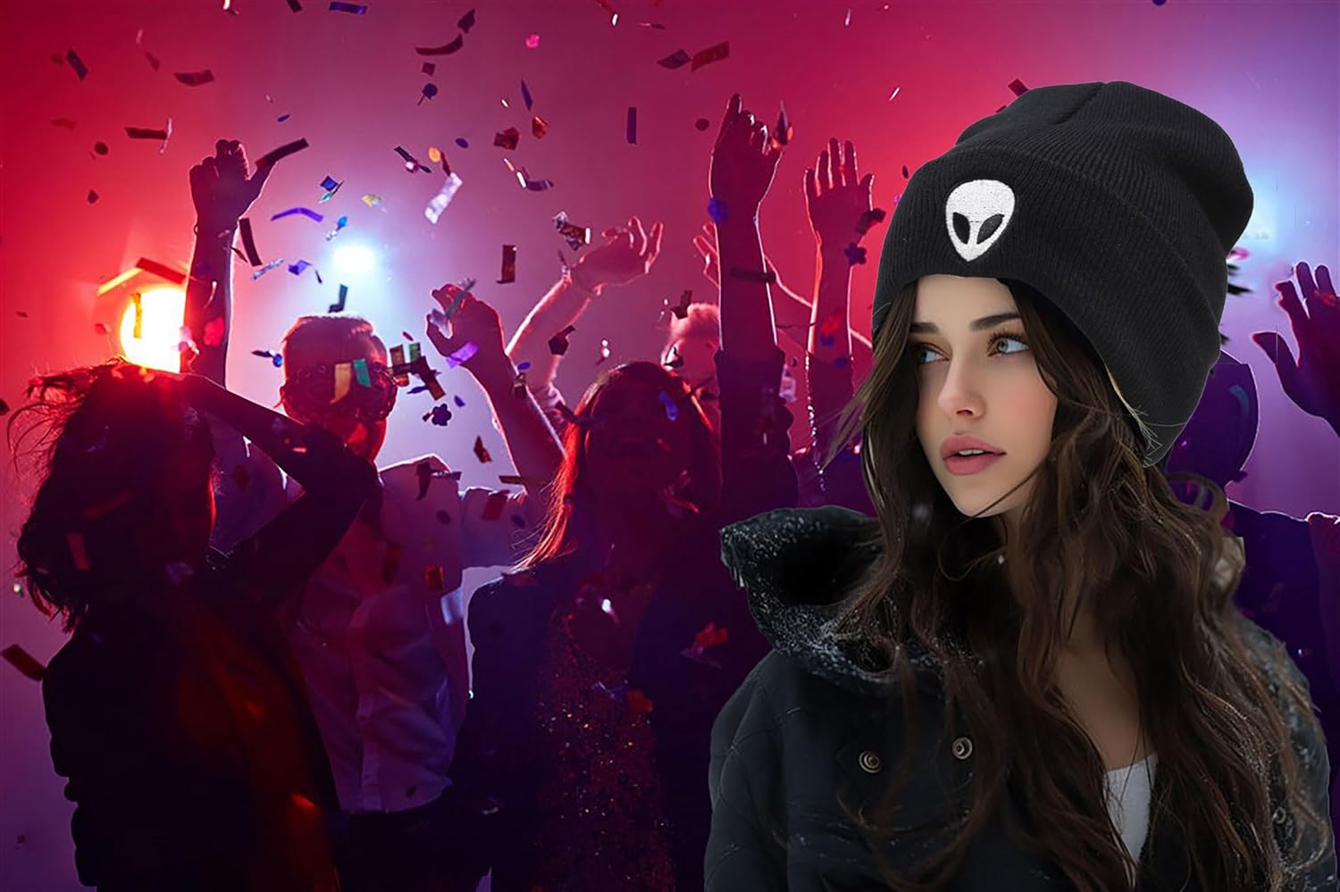 Joylife Alien Embroidered Cuffed Beanie Hat Graphic Knitted Skull Cap Double Layer Winter Watch Hats for Women, Men - Image 4