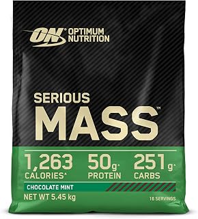 Optimum Nutrition Serious Mass Protein Powder High Calorie Weight Gainer with 25 Vitamins and Minerals, Creatine and Glutamine, Chocolate Mint Flavour, 16 Servings, 5,45 kg