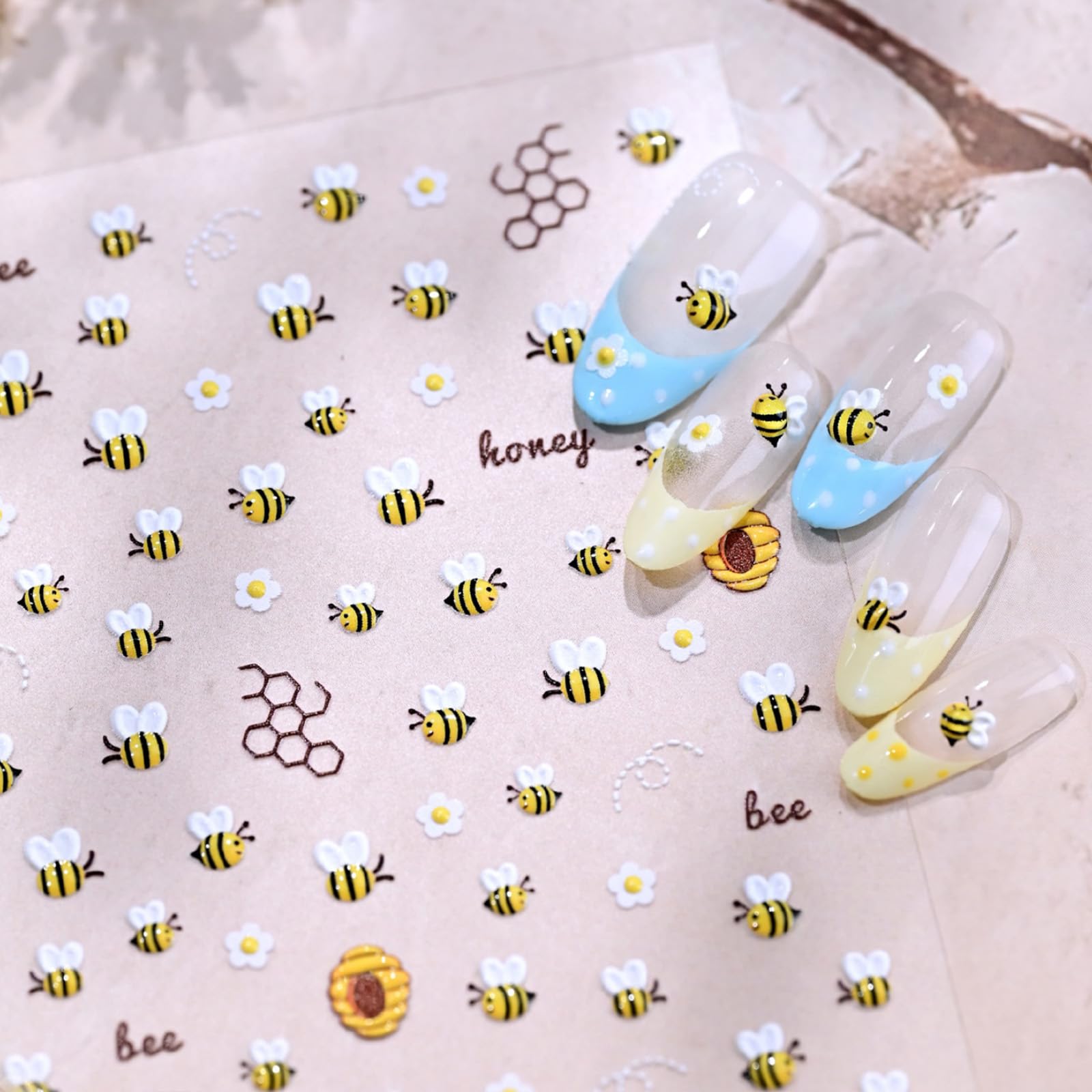 Bee Nail Stickers Flower Nail Decals with Honeycomb Design 5D Embossed Self Adhesive Nails Charms Supply for Women DIY Manicure Decoration