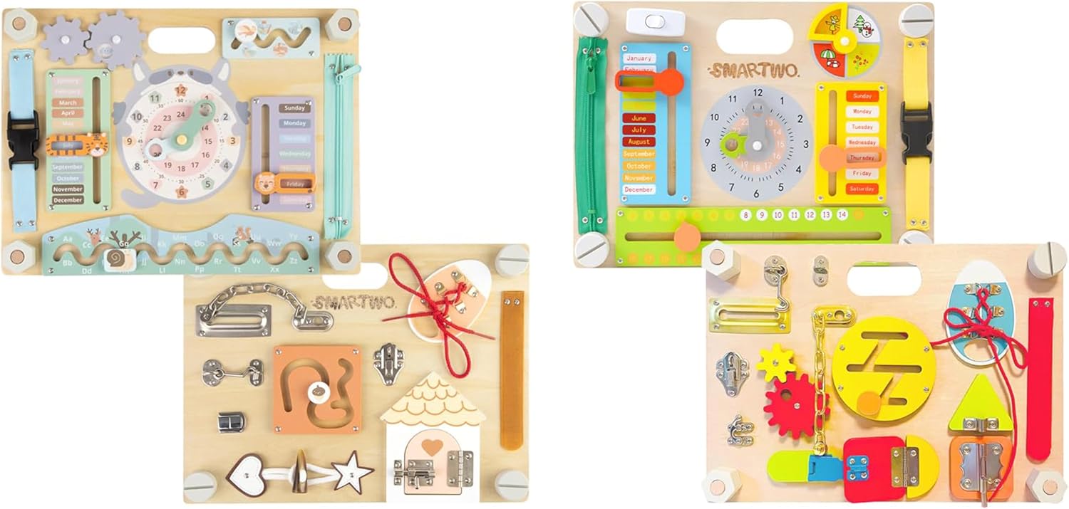 Double-Sided Wooden Busy Board for Toddlers