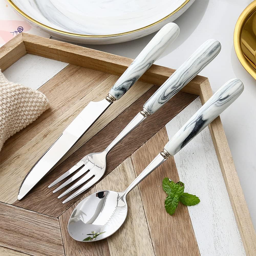 12-PIECE Ceramic Handle Flatware Set Forks and Spoons Silverware Set Mirror Polish Cutlery,Food Grade Stainless Steel,Dishwasher Safe for Family & Friends Dinner,Service for 3(Blue&Silver)