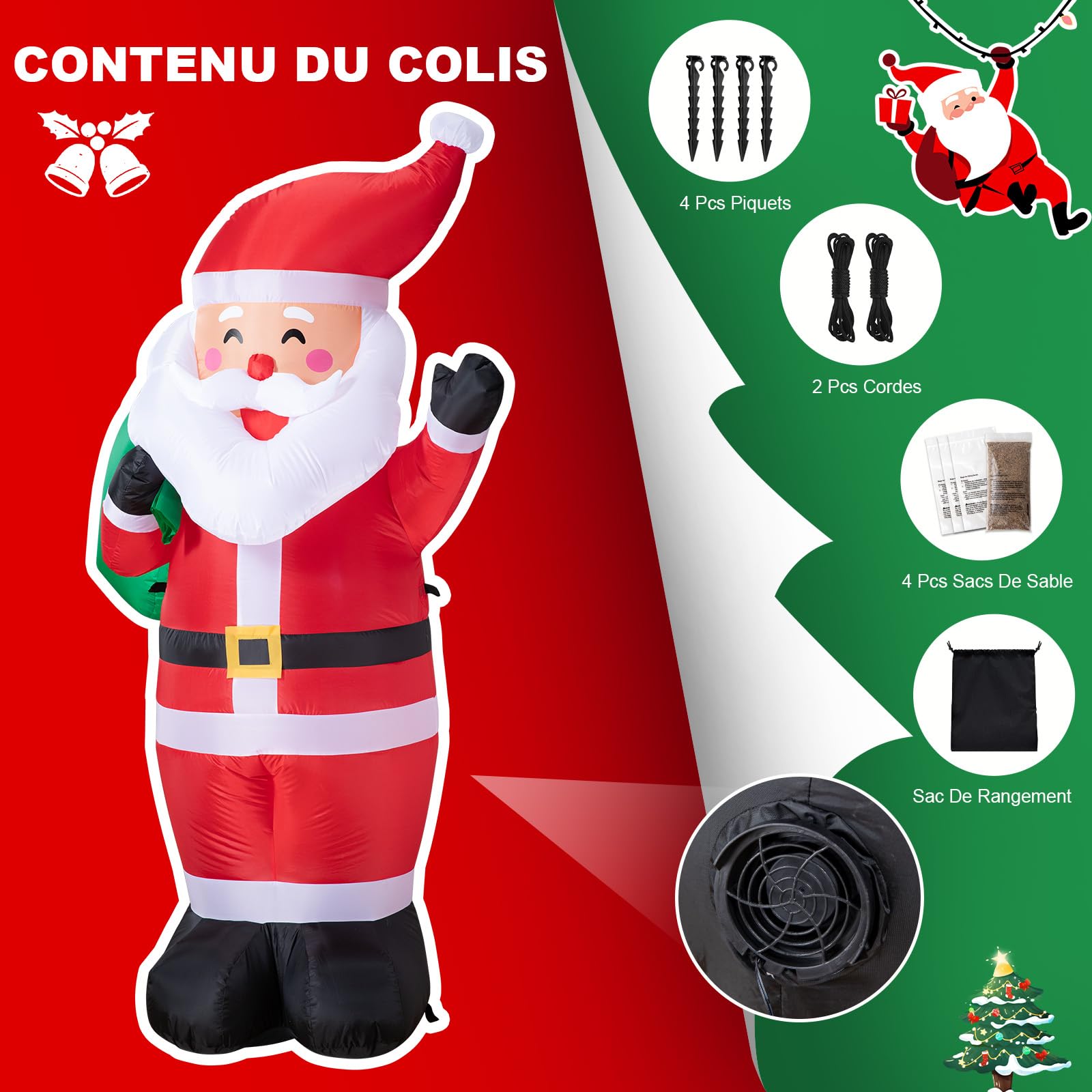 183CM/6FT Père Noël Gonflable avec Lumières LED, Décoration de Jardin, Utilisation Intérieure et Extérieure, Décoration de Noël
